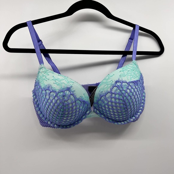 Victoria's Secret Underwire Push Up Blue Lace Padded Lingerie Women's 34D - Picture 1 of 6